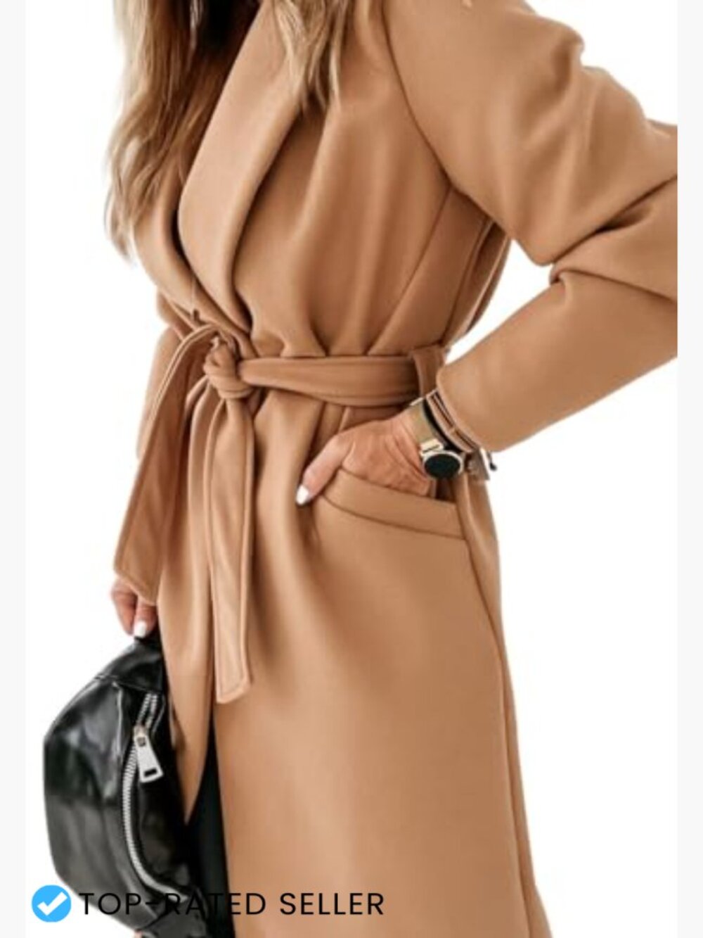 Classic Longline Peacoat with Lapel Collar and Self-Tie Belt for Women - Picture 2 of 7